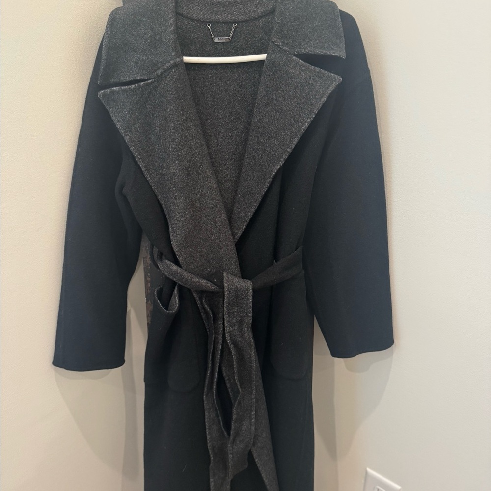 GOBI Mongolian Cashmere belted wrap coat. Black and Grey